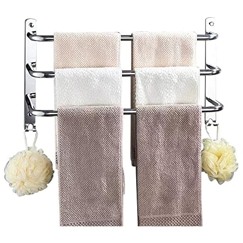 HONPHIER® Towel Rail Chrome 3-Tier Bath Towel Rack with Hooks SUS 304 Stainless Steel Wall Mounted Towel Holder Towel Bar Rail for Kitchen Bathroom Toilet Hotel Office Cover