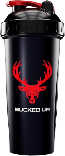 Bucked Up Perfect - Botella agitadora de 28 onzas, sin BPA, apta para lavavajillas, a prueba de fugas, botella negra con logotipo rojo Buck