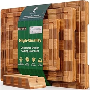 3-Pack Heavy Duty Bamboo Cutting Boards Set with Juice Grooves & Non-Slip Feet – Extra Large Thick Wood Chopping Board for Meat, Vegetables, Fruits & More, Non-Toxic & Durable, Ideal Housewarming Gift