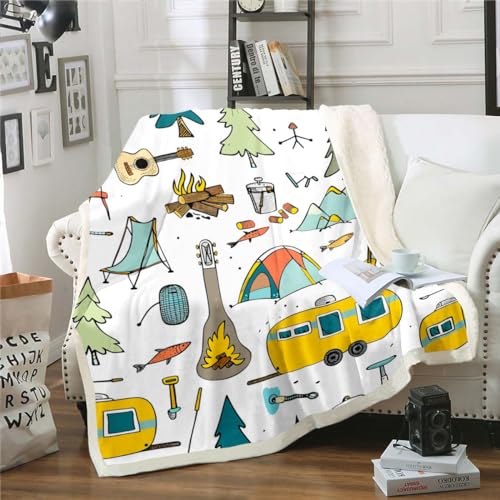 Happy Camping Themed Throw Blanket Camp Travel Car Blanket,Cartoon Vehicles Camper Fleece Blanket Outdoor Camping Tent Camper Decor 60