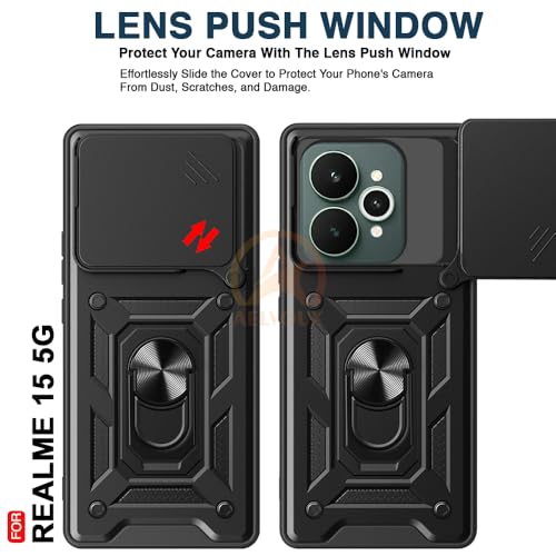 Image of Armor Bumper Back Cover Case for Realme 15 /15 pro 5G Rotating Camera Cover, Ring Holder & Kickstand | Heavy Duty & 360 Degree Protection Realme 15 /15 pro 5G Back Cover (Black)