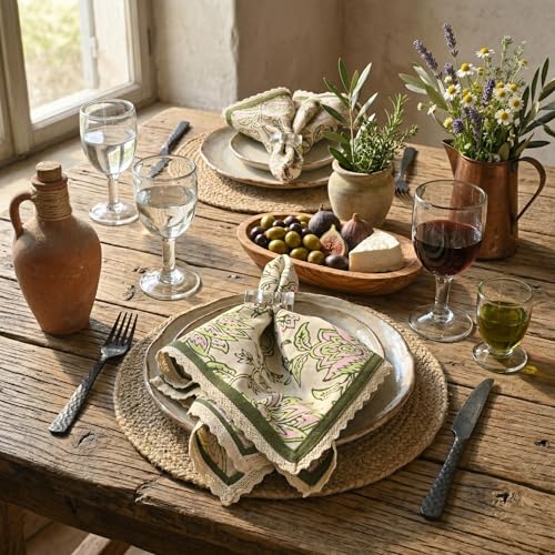 Image of FINGERCRAFT Floral Print Cloth Napkins Set of 6, 20x20 Inch, Cotton Linen Blend with Lace Edge, Block Print Table Napkins, Reusable Dinner Napkins for Dining, Parties & Festive Tables (Pink Flower)