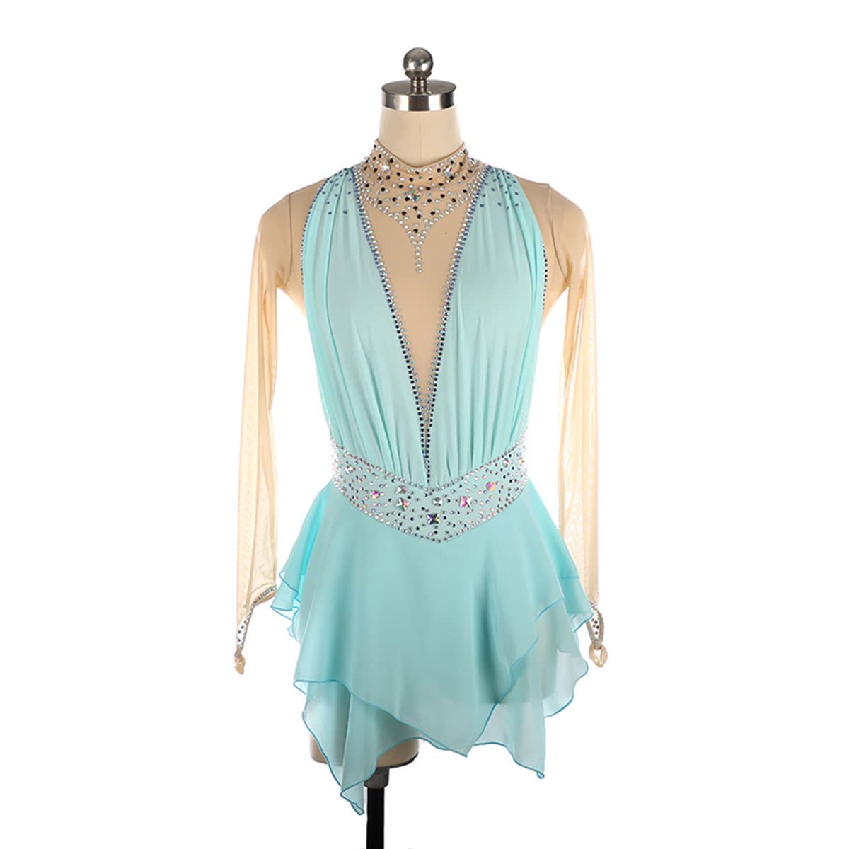 Costume da pattinaggio per ragazze adulte dolcevita blu diamante maniche lunghe gonna pattinaggio ragazze body ginnastica gara allenamento atletica femminile (L, blu)