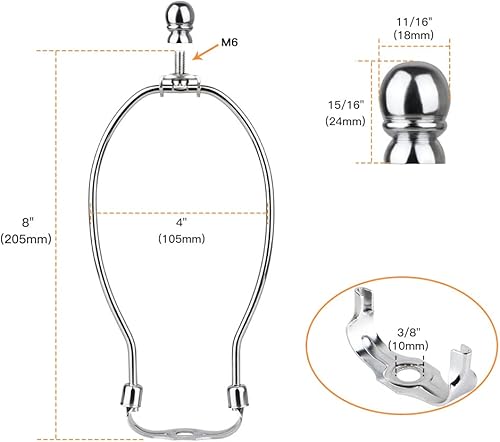 Miniatura 3 de Helunsi Arpa de lámpara de 8 pulgadas, 2 juegos de soporte de arpa de pantalla de lámpara plateada con remate, adaptador de pantalla de repuesto