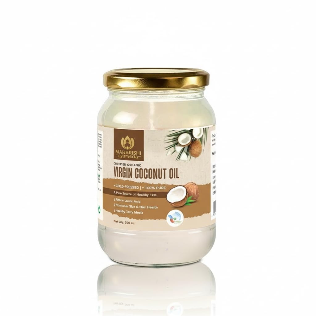 Maharishi Ayurveda Organic Certified Virgin Coconut Oil | Cold-Pressed, Unrefined & Chemical-Free | For Cooking, Skin & Hair Nourishment | 500 ml (Glass Jar)