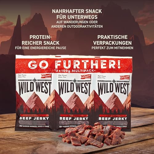 Wild West Beef Jerky, 3 x 100g Original Rindfleisch Snacks, Beef Jerky high Protein Trockenfleisch, Protein Snack, Knabberartikel