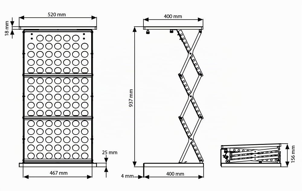 Stehpult Prospektständer 6 x DIN A4 schwarz Lochdesign | Mobile Falttheke aus Metall mit Holzplatte und Ablagefächern für Kataloge Flyer Prospekte
