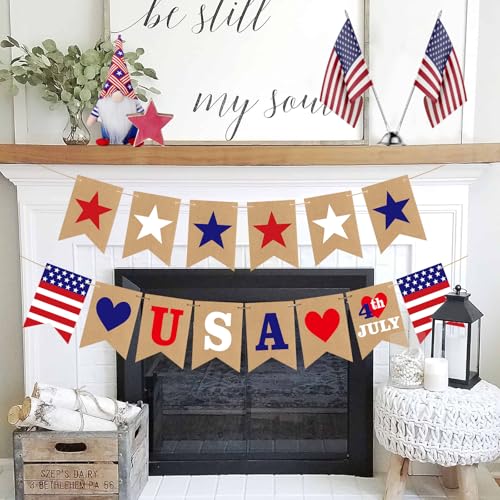 Image of 4th of July Banner Decorations, Fourth of July Patriotic Banner Decorations, Red White and Blue Decor for Independence Day, Home Party Mantel Fireplace Supplies