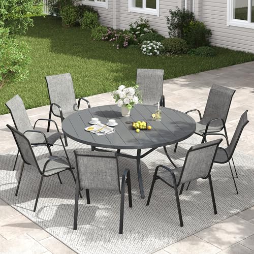 Image of VICLLAX Outdoor Dining Set for 8, All Weather Metal 9 Pieces Patio Set-53 Round Outdoor Table and Stackable Chairs for Lawn Garden and Backyard, Grey Tabletop