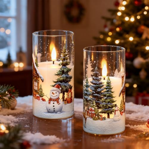 Image of GenSwin Christmas Flameless Candles with Remote Timer, Set of 2 Christmas LED Glass Battery Operated Candles with Cedar, Snowman, Reindeer, Snowy House Decals for Holiday Winter Home Decor(D3 inch x H6 inch)
