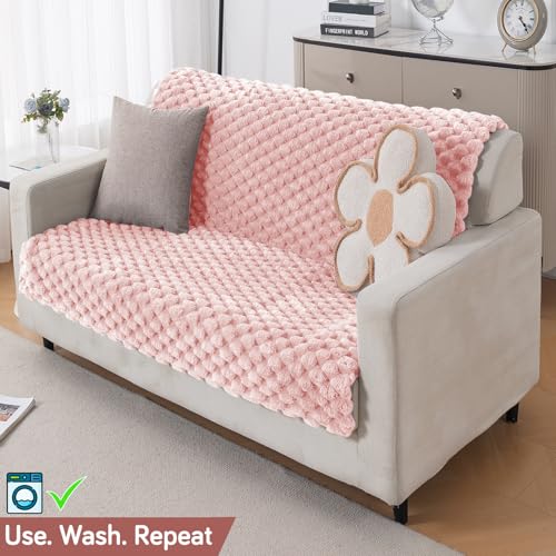 Image of HOKIPO Luxury Rabbit Wool Plush Sofa Cover for 2-Seater Sofa | Soft, Thick & All-Season | Full Protection for Seat & Back | 'BunnySoft Series' (180x120 cm), Flamingo Pink (AR-6667-PNK)