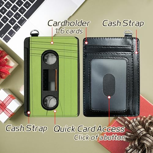 Image of Small Travel Wallets, Green Tape Cassette Slim Minimalist Front Pocket Wallet with Wristlet, RFID Blocking PU Leather Credit Card Holder with ID Window Change Purse for Men Women