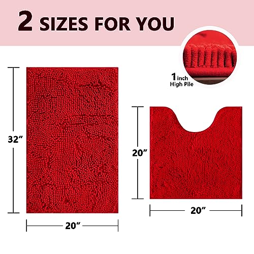 Image of BOANKODU Red Bathroom Rugs Sets 2 Piece, Absorbent Bath Mat for Bathroom Very Soft Chenille Non-Slip, 32x20 Inch + 20x20 Inch U Shape Bathroom Mat, Machine Washable