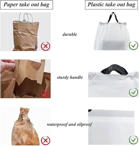 Miniatura 4 de PCBAG 50 bolsas de almuerzo de plástico reutilizables con asas, resistentes con cordón para llevar, para llevar, entrega, comestibles (blanco)