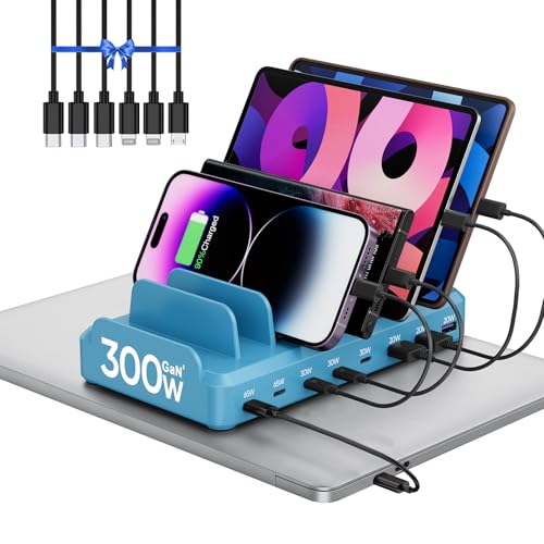Image of 300W Charging Station for Multiple Devices, 8 Port Multi USB C Fast Charger Station Dock for MacBook iPhone 16 /15 /14 /13 /12 Samsung Pixel Series iPad, Blue (6 Mixed Short Cables Included)
