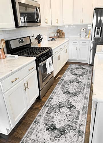 Moynesa Ultra-Thin Washable Runner Rug - 2'6" x 10' Grey Long Hallway Rug Runner Kitchen Carpet Runner 10ft, Vintage Non Slip Low Pile Stair Floor Mat for Bathroom Bedroom Living Room Entryway