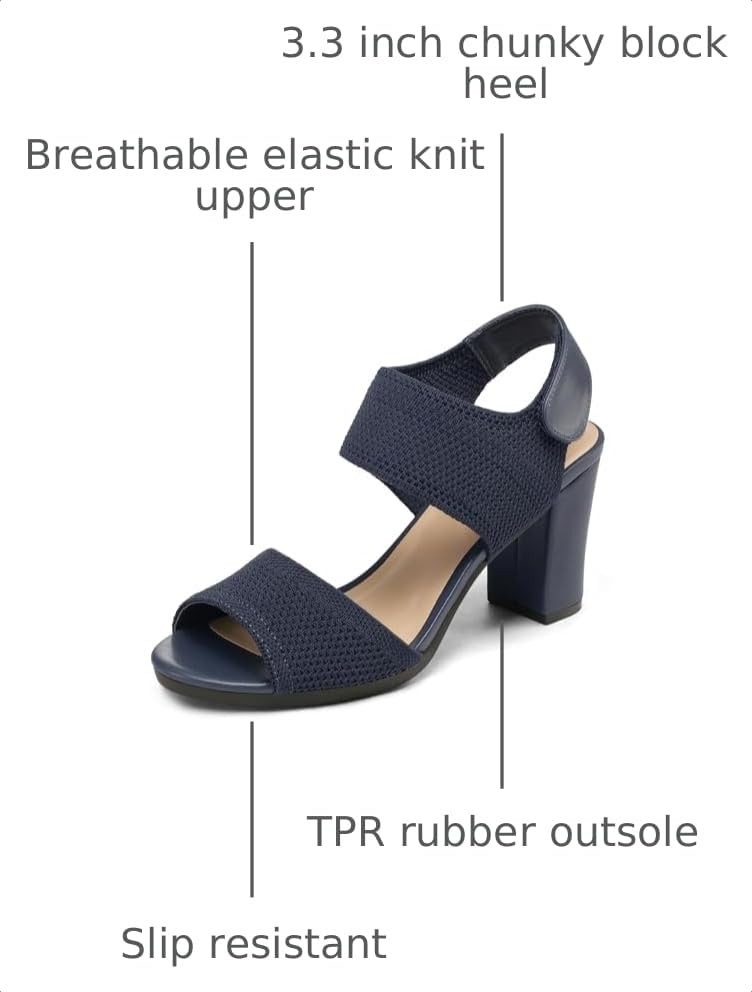 Image of mysoft Women's Chunky Block High Heels Slingback Open Toe Heeled Sandals | Casual Wide Width Fit, 3.3 Inch Heel, Elastic Knit Upper, Hook-And-Loop Atrap, Non-Slip Sole, Wedding Party Dress Shoes