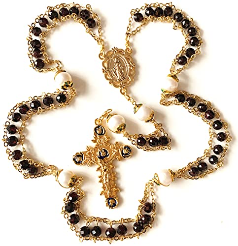 elegantmedical handmade Gold Ladder to Heaven Garnet Beads Catholic Rosary crucifix Necklace box