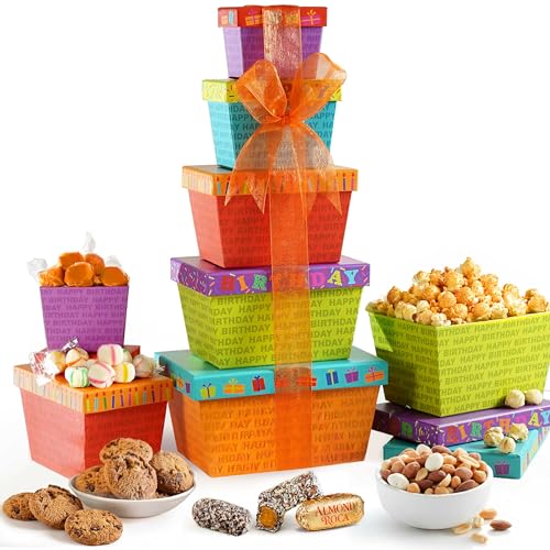 Broadway Basketeers Birthday Gift Basket Tower – Snack Boxes with Gourmet Cookies & Popcorn – Happy Birthday Gifts for Women, Mom, Sister, Friends & Coworkers
