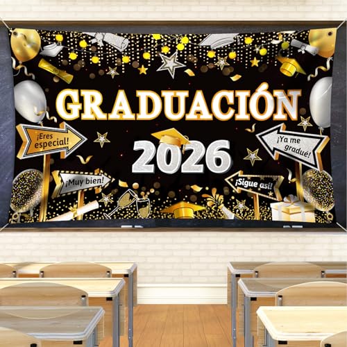 Miniatura 4 de Dpkow Español Pancartas De Graduación 2026 Decoraciones, Grande Oro Negro Plateado Felicidades Graduado Pancarta 2026 Graduación Fondo Decoraciones Interiores Y Exteriores, Tela, 180 110 Cm