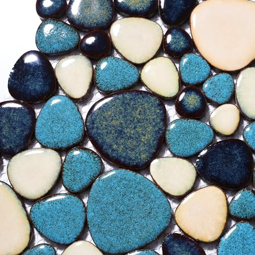 Primoon Interlocking Pebble Tiles 5 Sheets, Aqua Teal Blue Mosaic Tiles Mesh Mounted, 12X12 Waterproof Ceramic Tile Flooring For Kitchen Bath Backsplash Shower Floor Pool thumb #8