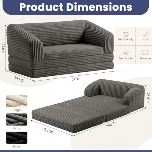Image of JUIKURY Convertible Sofa Bed, 3-in-1 Foldable Loveseat Couch with Armrest, Corduroy Floor Sofa & Sleeper Bed, No Assembly High-Density Foam Futon Mattress for Living Room, Small Apartment, Dorm