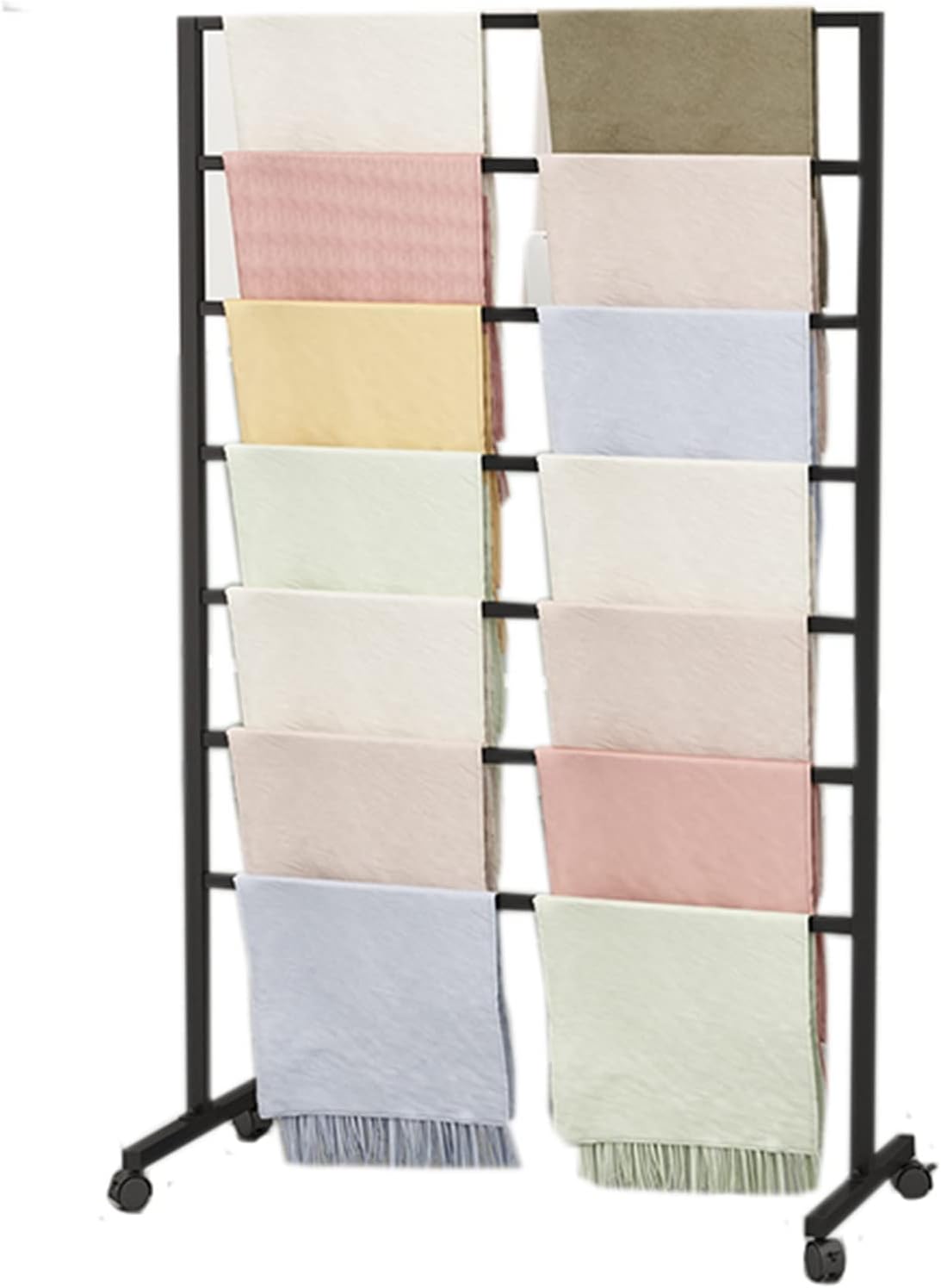 Upright Rolling Scarf Storage Organizers Rack on Wheels, 7 Tier Heavy Duty Commercial Multifunctional Display Stand Holder for Pants/Towel/Shawl (Gold Length120cm)