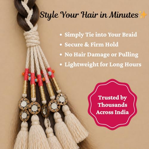 Image of Zippy Flora Handmade Boho Parandi / Paranda Traditional Hair Accessory for Women & Girls | Ethnic Braided Hair Tassels, Choti Hair Extension, Decorative Braid Jewelry for Festive & Wedding Hairstyles (Neelima Off-White)