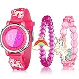 Yaomiao 3 Pieces Kids Unicorn Digital Sport Watches and Bracelets,7 Color Lights, Alarm, Stopwatch, 3D Waterproof Watch Gift for Girls 3-10 Years Old (Funny Style)