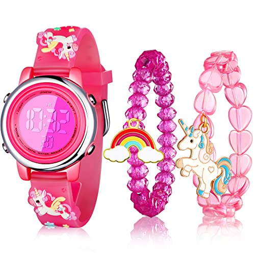 3 Pièces Montres Bracelets de Licorne 3D Montre Numérique de Dessin Animé Étanche Montre à 7 Couleurs Lumières avec Alarme Chronomètre Cadeau pour Noël Filles 3-10 Ans (Style Drôle)