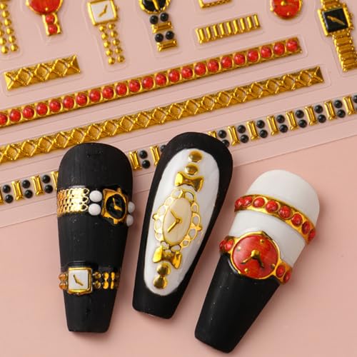 Gold Nail Stickers for Nail Art Wrist Watch Clock Nail Decals 5D Embossed Self Adhesive Nail Stickers Charms Supply for Women Manicure DIY Decorations 2Sheets - Thumbnail 7
