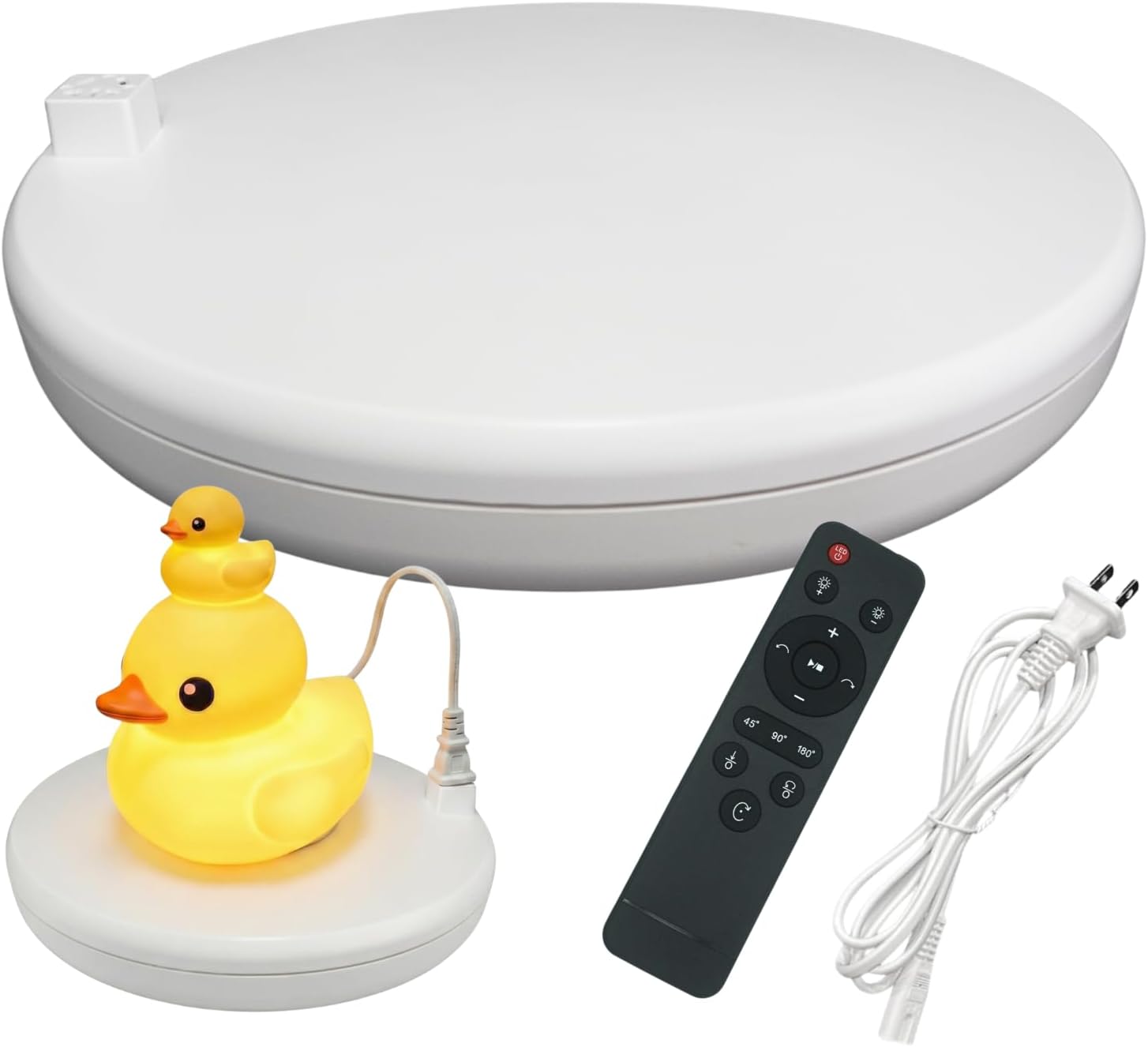 fotoconic Motorized Rotating Display Stand with Power Outlet, 360° Turntable with Remote for Product Photography, Jewelry Figures Collectibles Cake Display, 3 Speed & Reversible Rotation,100kg Load Capacity (White)