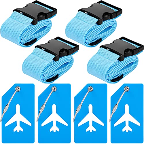 Image of Weewooday 8 Pcs Luggage Straps Suitcase Tags Set for TSA Approved, 4 Travel Adjustable Suitcase Belt, 4 Silicone Luggage Tags with Name ID Card Travel Accessories(Blue,Airplane)