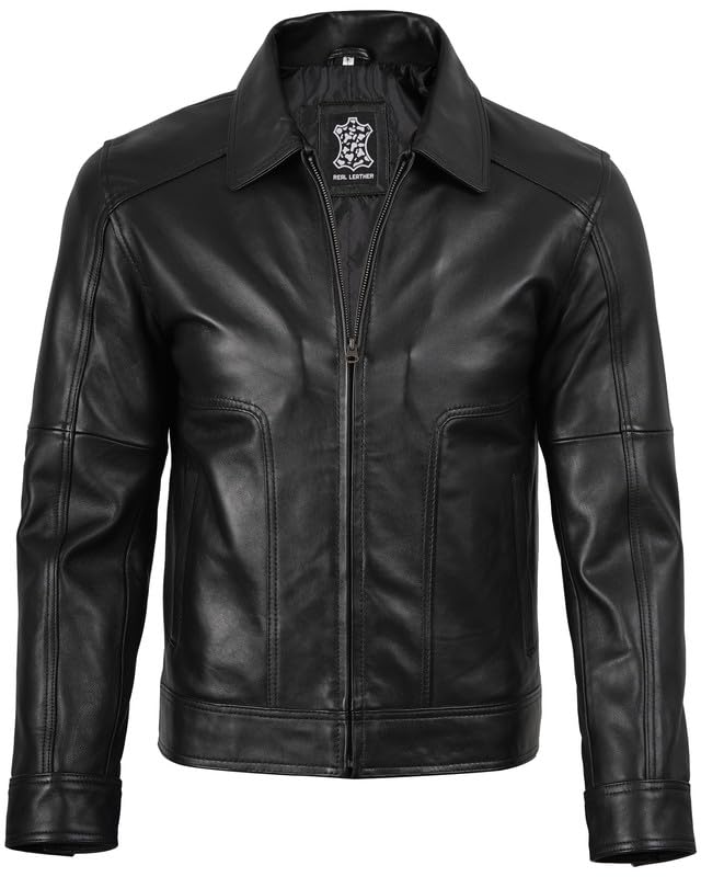 Image of Decrum Vintage Style Mens Leather Jacket - Real Lambskin Classic Shirt Collar Leather Jackets for Men