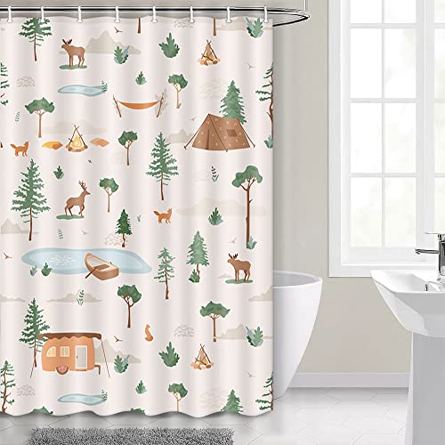 Image of Boziqr Camper RV Shower Curtain Travel Trailer Bathroom Accessories Wild Life Deer Moose Forest Decor Camping Shower Stall Curtains 48x72 Inches (Beige)