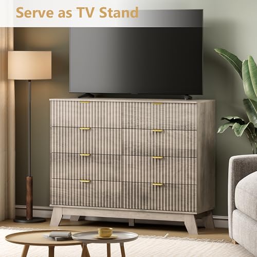 Image of Wodeer 8 Drawer Fluted Dresser for Bedroom, Mid Century Modern Wooden Dresser with 8 Drawers, Dressers & Chests of Drawers with Metal Handle, TV Stand & Storage Organizer for Entryway, Hallway, Grey