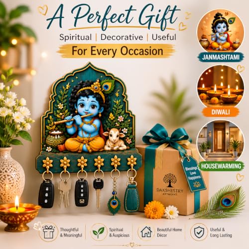 Image of Radha Krishna Key Holder for Wall, 10X10 Inches | 5 Metal Hooks, Premium Wooden, Spiritual Wall Decor, Home Entrance Living Room Office