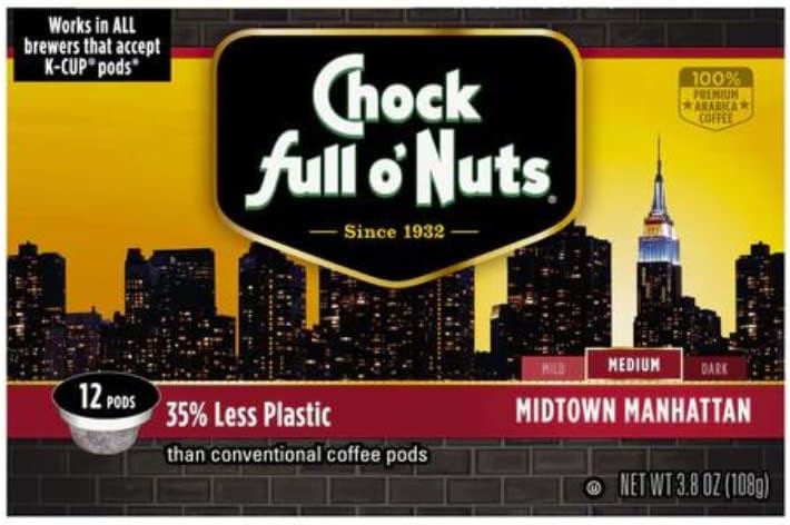 Chock Full o'Nuts Manhattan Medium Roast, K-Cup Compatible Pods (12 Count) - Arabica Coffee in Eco-Friendly Keurig-Compatible Single Serve Cups