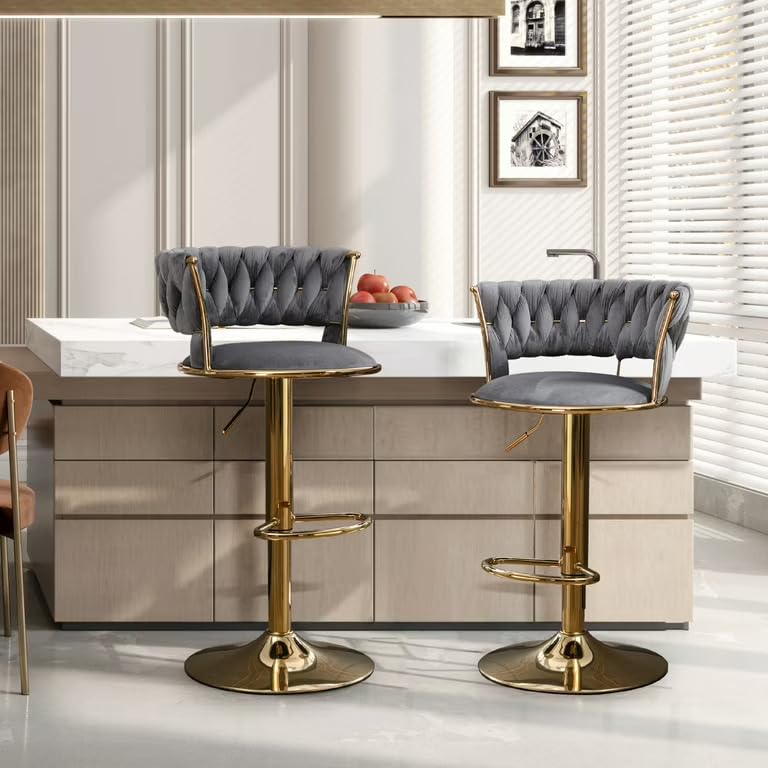 Image of Creative Grey Velvet Bar Chair | Modern Adjustable Bar Stool for Home, Kitchen & Bar Use | Electroplated Metal Base | 1.87 Feet Seat Height | Tufted Design | Qty 2