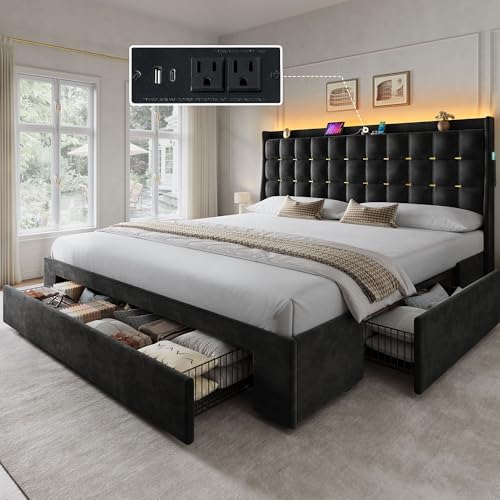 YITAHOME King Size Bed Frame with 3 Storage Drawers and RGB LED Lights, Velvet Upholstered Bed with...