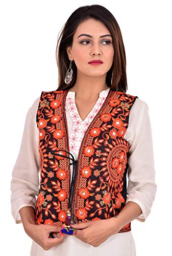 Image of Craft Trade Women's Cotton Embroidered Kutchi Jacket with Tassels Sleeveless Mirror Work