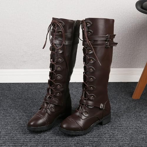 Traveltopp Women's Leather Lace-Up Knee Boots Fashion Studded Ankle Strap Trim Low Heel Knight Boots Winter Side Zipper Punk Combat Boots4