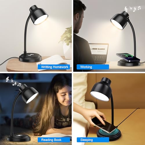 RORENSE LED Desk Lamp for Office Home, Adjustable 4 Level Brightness with Bluetooth Speaker&15W Wireless Charger&Portable Desk Light&Type C Adapter, Flexible Gooseneck Table Lamp for Bedside (Black) - Image 5