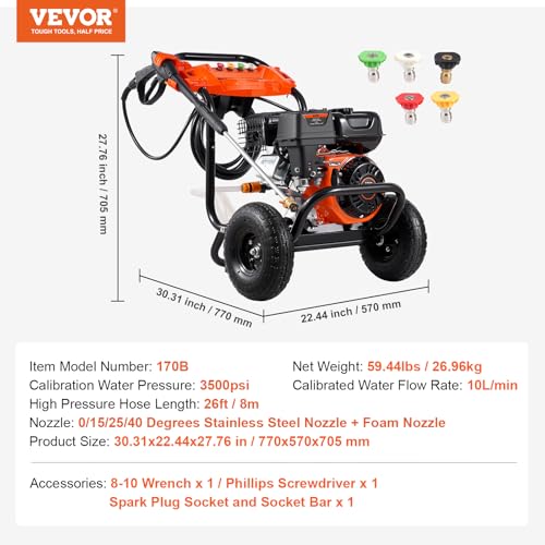 Image of VEVOR Gas Pressure Washer, 3500 PSI 2.6 GPM, Gas Powered Pressure Washer with Aluminum Pump, Spray Gun and Extension Wand, 5 Nozzle Set, for Cars, Fences, Homes, Driveways, Patios Furniture Horizontal