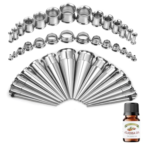 44/54Pcs Ear Stretching Kit 1.6-12mm Ear Gauge Stretching Kit Stainless Steel Gauges for Ears with Aftercare Jojoba Oil Ear Expander Set for Women Men