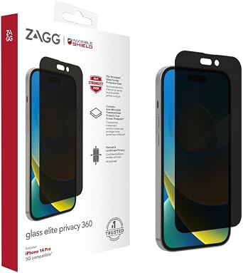 ZAGG InvisibleShield Glass Elite Privacy 360 Screen Protector for iPhone 14 Pro, Shockproof, Scratch Resistant, Glass-Like, Anti-Microbial, Clear