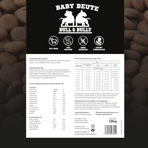 BULL & BULLY – Baby Beute 10 kg Hundefutter Trocken Getreidefrei – Trockenfutter & Hundeleckerli mit kleinen Kroketten für Welpen & kleine Hunde – Dog Food & Leckerlis mit viel Protein aus Beef