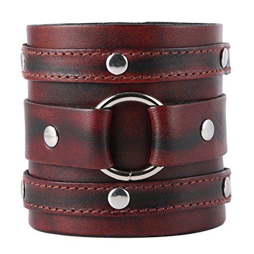 HZMAN Wide Cuff Wrap Gothic Wristband Punk Rock Biker Wide Strap Leather Bracelet (Brown), Faux Leather Leather
