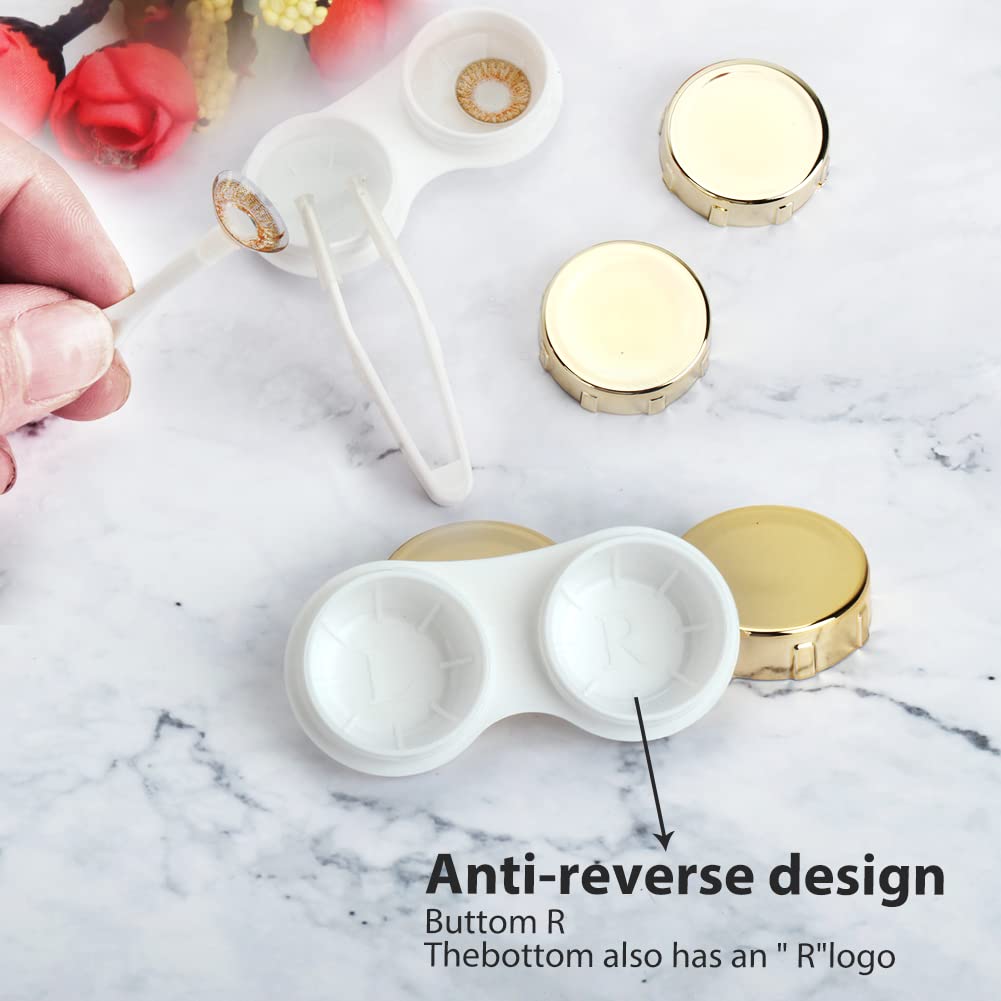 ofone Kontaktlinsen-Etui, 2 Stück Kontaktlinsenhalter-Set mit Entfernungswerkzeug, Pinzette, Spiegel, tragbare Kontakte, Behälter, Aufbewahrungsbox für Reisen (Goldgrün)