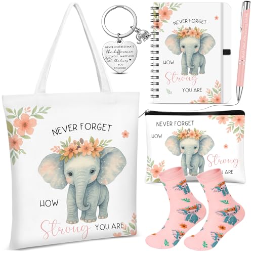Gilprop 6 Pcs Elephant Gifts for Women Animal Lovers Birthday Gift Set Elephant Tote Makeup Bag Keychain Notebook Ballpoint Pen Socks Inspirational Christmas Gift Valentines Wedding Present